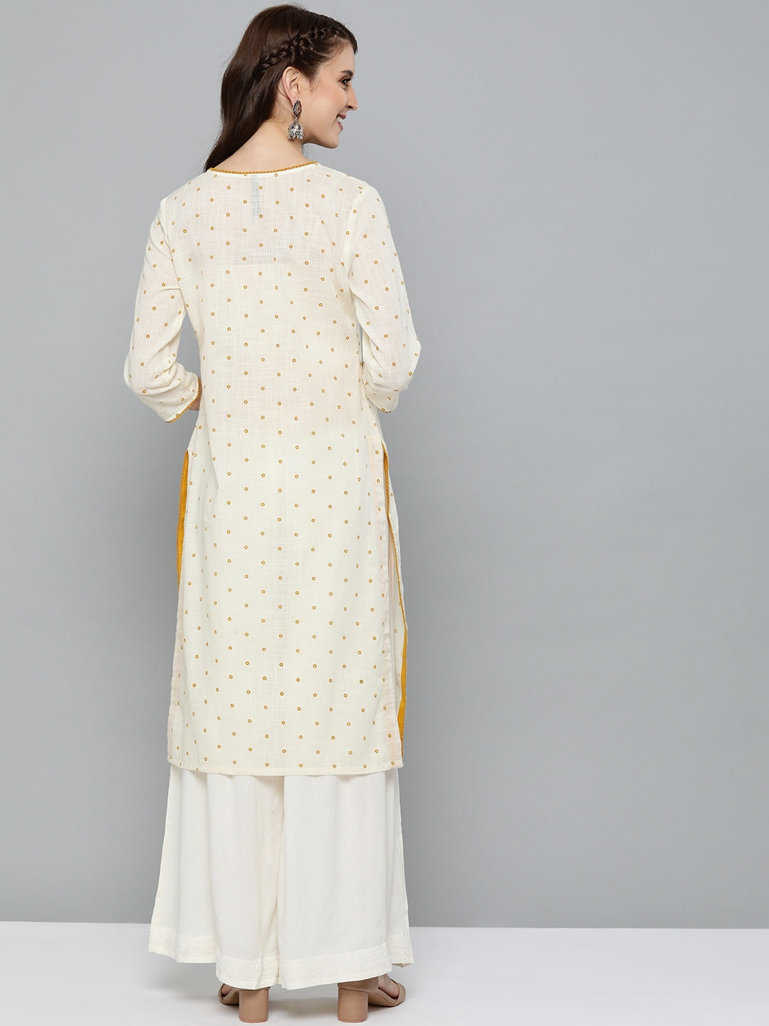 HERE&NOW Women Off-White & Mustard Yellow Geometric Printed Straight Kurta 