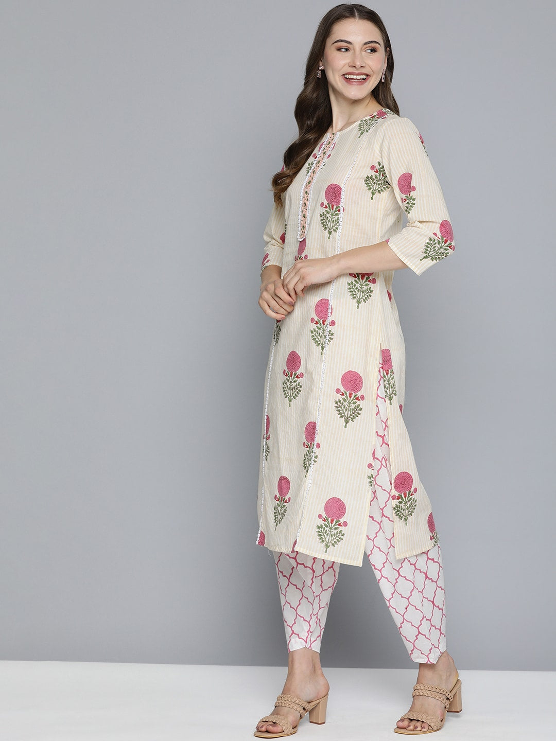 HERE&NOW Floral Printed Panelled Pure Cotton Kurta with Salwar & With Dupatta