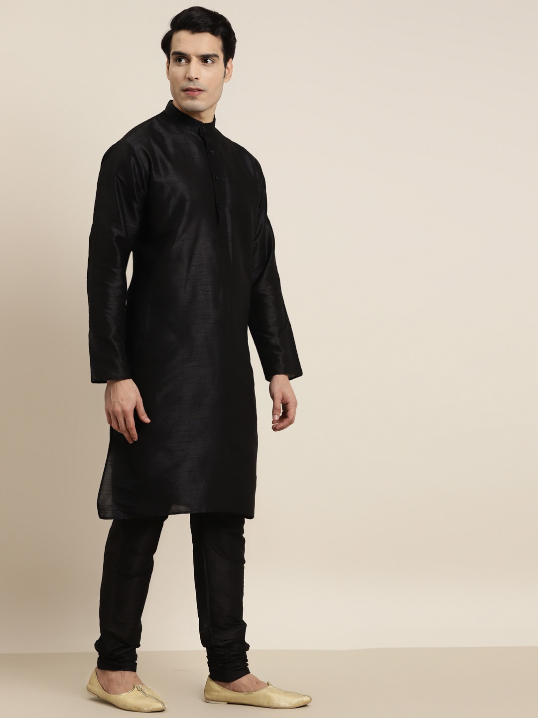 Sojanya Men Black Solid Kurta with Churidar & Nehru Jacket 