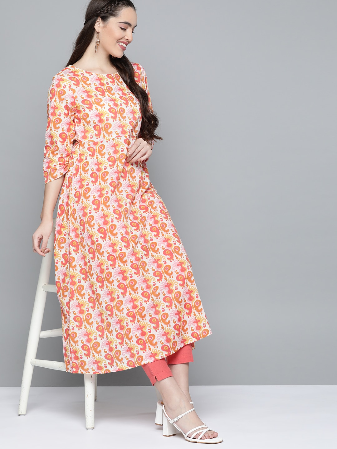 HERE&NOW Women Orange & White Ethnic Motifs Printed Kurta 