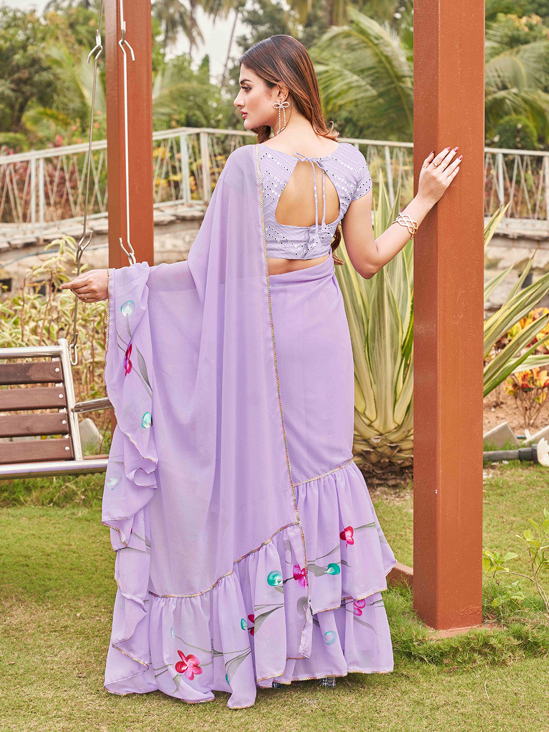 Tikhi Imli Printed Ruffle Grab2Buy With Mirror Embroidered Work Blouse 