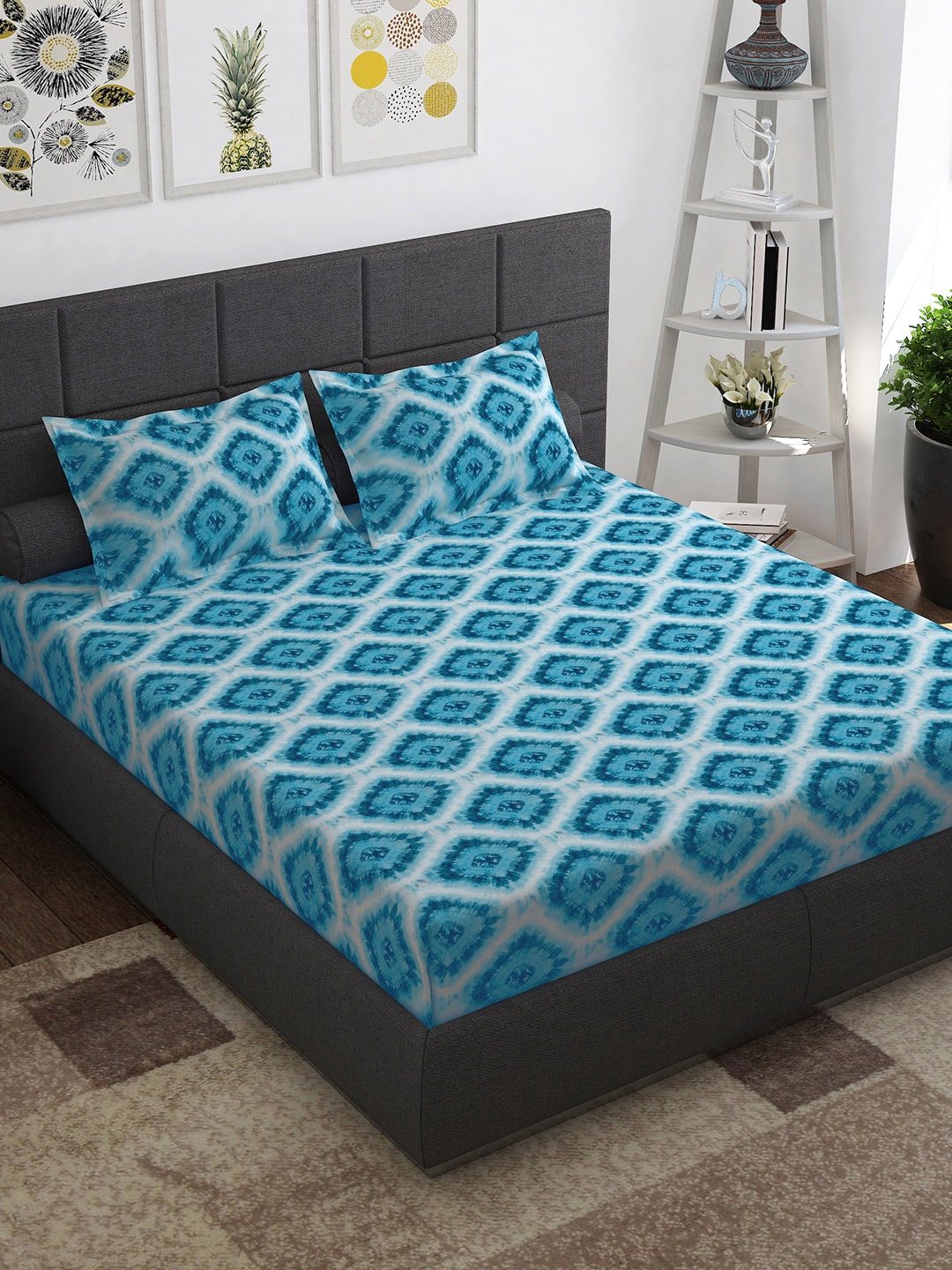 Story@home Blue & Pink Ethnic Motifs Pure Cotton 152TC Queen Bedsheet With 2 Pillow Covers | Grab2Buy