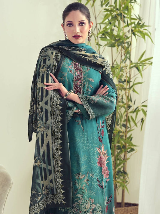 Aastha Fashion Women's Teal Muslin Floral Digital Print with Resham Thread work Kurta with Trouser & Dupatta - Grab2buy