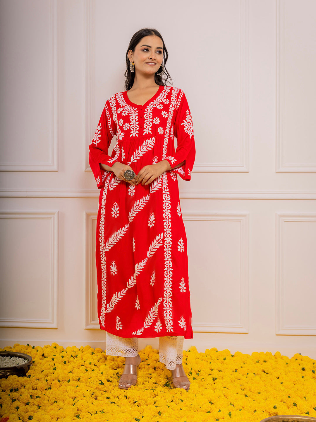 HOUSE OF KARI Cotton Floral Embroidered Chikankari Kurta 
