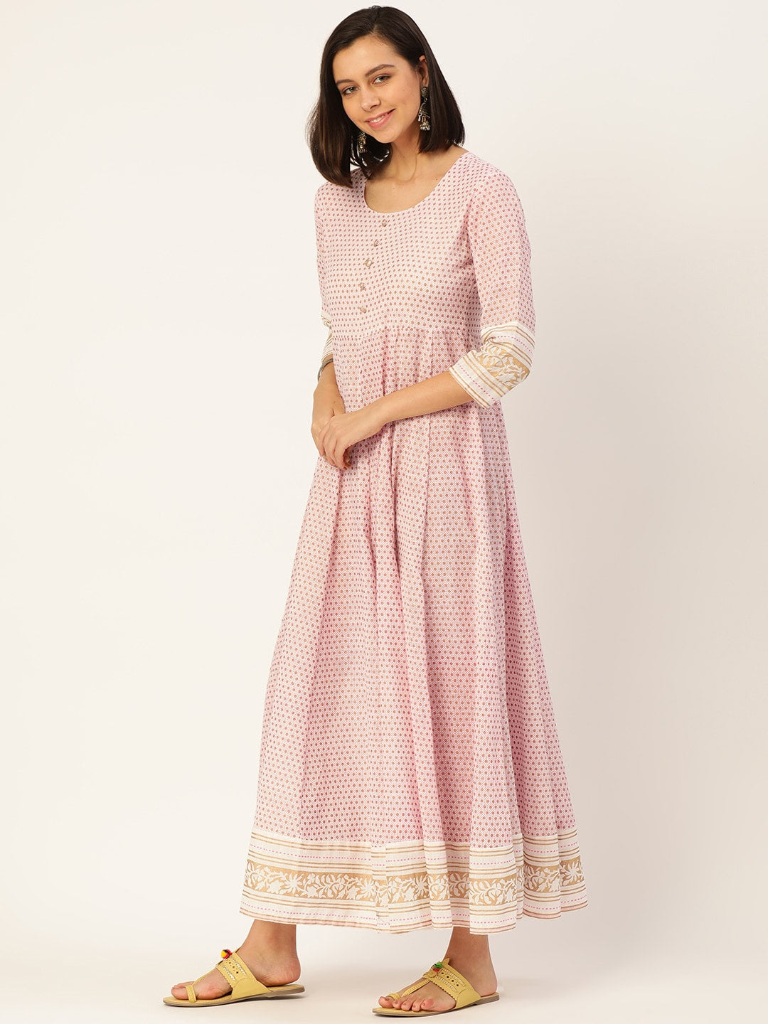HERE&NOW Women White And Pink Polka Dot Print Cotton Anarkali Kurta With Dupatta