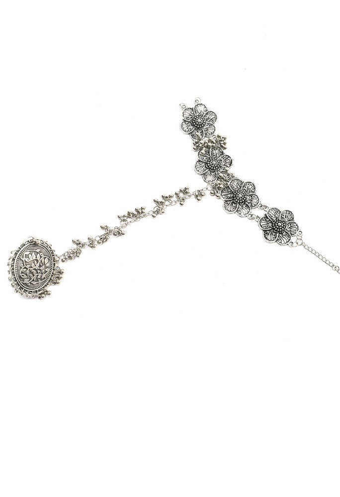Mominos Fashion Kamal Johar Oxidised Silver-Plated Floral Design Bracelet 