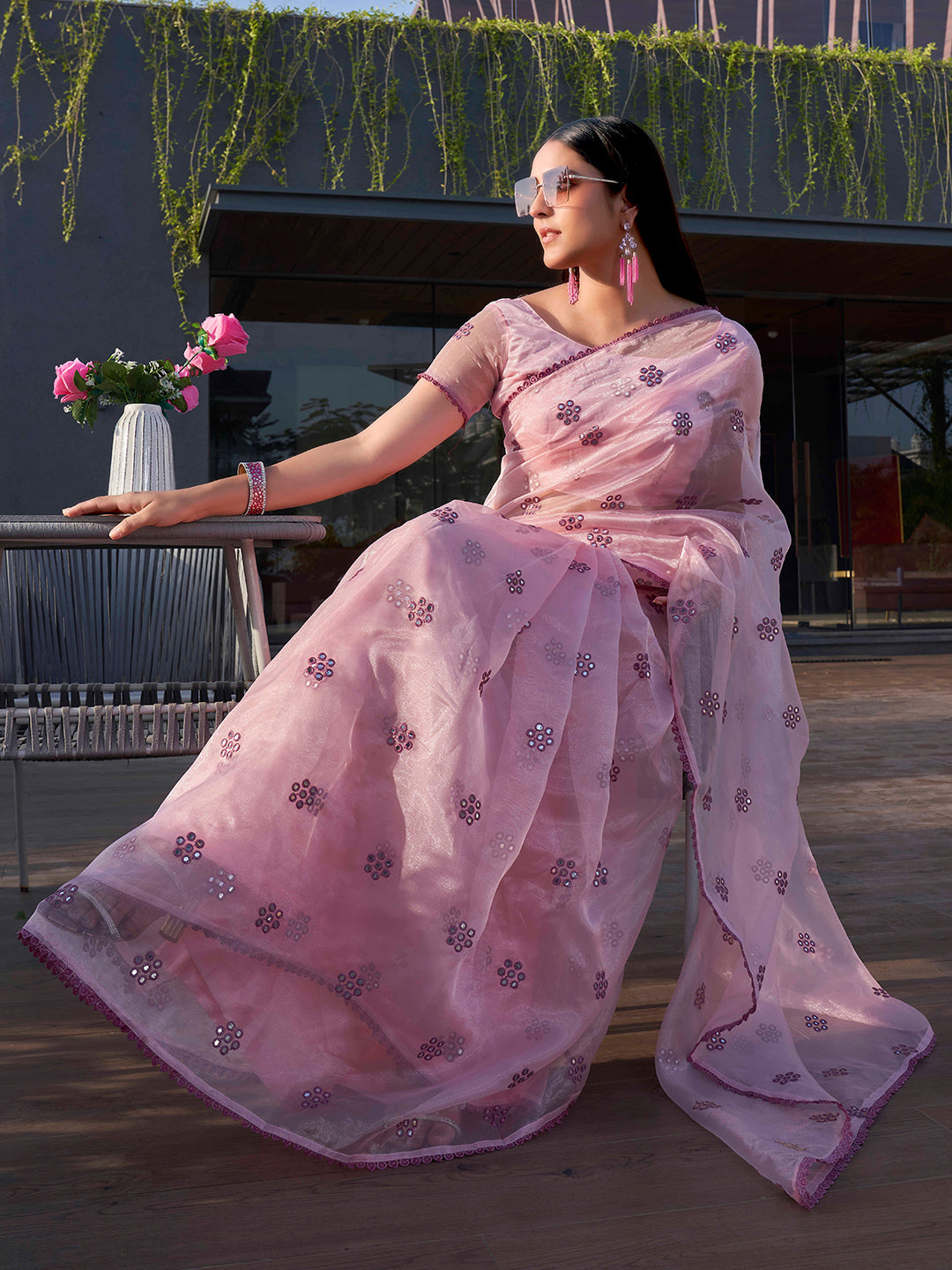 Tikhi Imli Floral Mirror Work Organza Grab2Buy 
