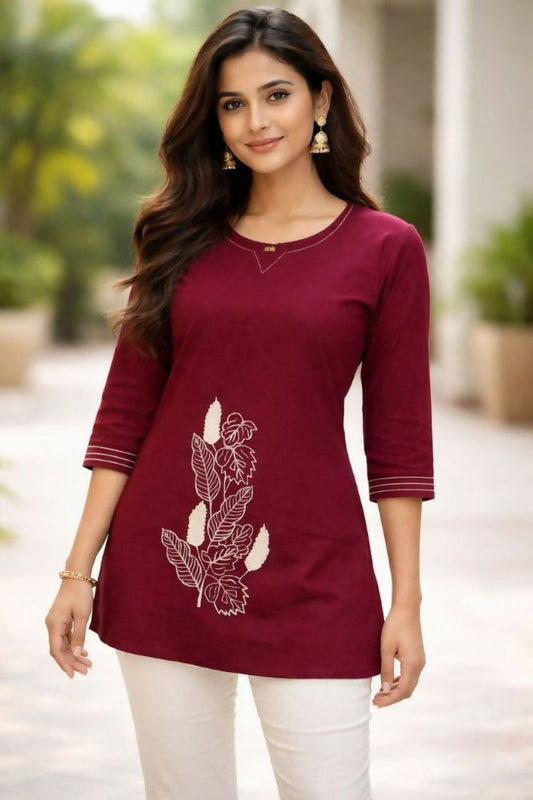 Teeya Creation Womens New Latest Cotton Wine Floral Embroidered Short Kurti