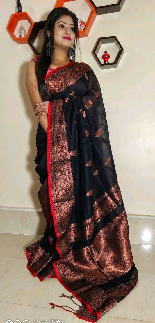 Exclusive Collection Beautiful Linen Banarashi Black Pure Cotton Handloom Grab2Buy With Running Blouse Piece 