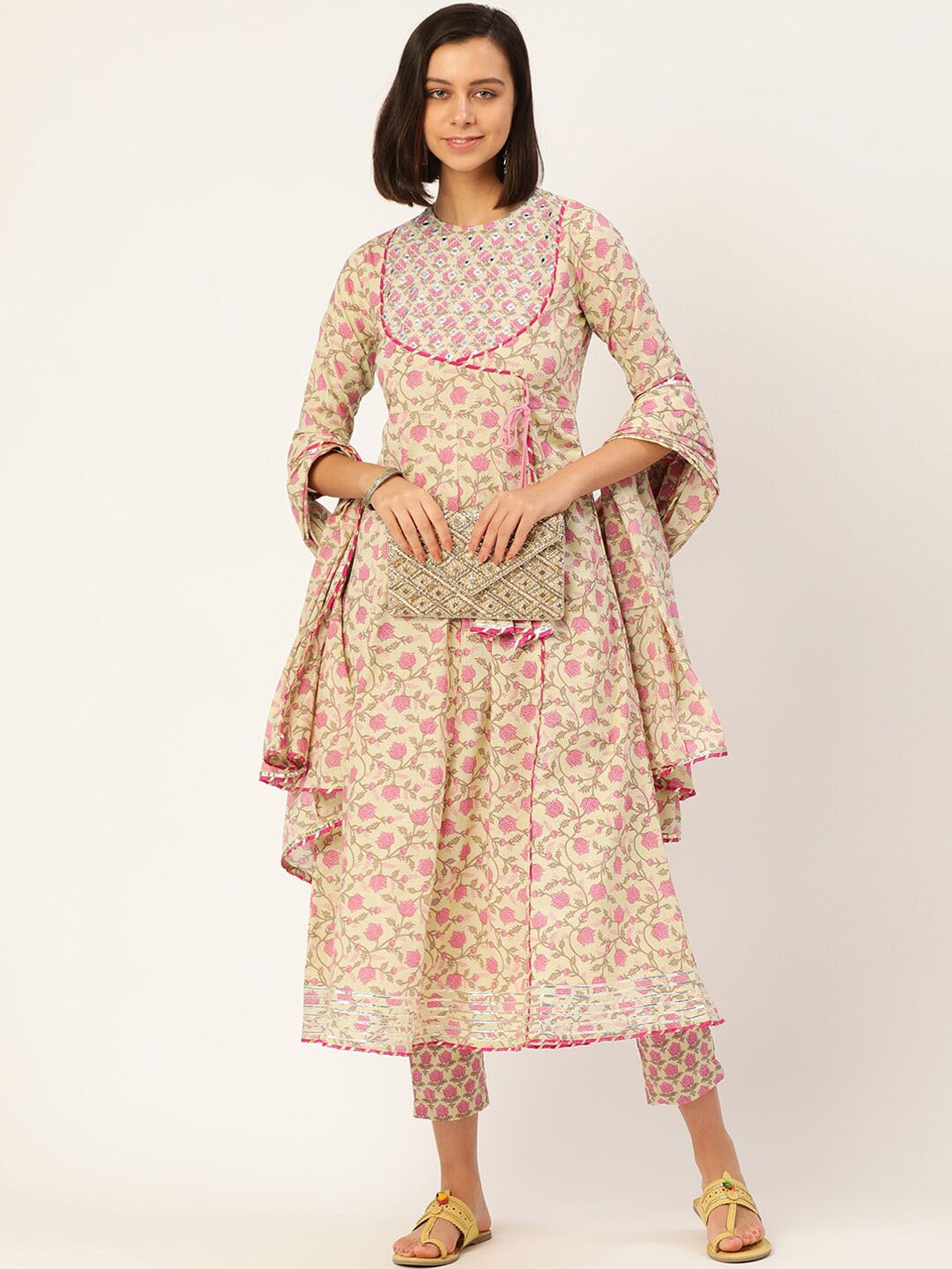 HERE&NOW Women Pink Floral Printed Angrakha Pure Cotton Kurta with Trousers & With Dupatta