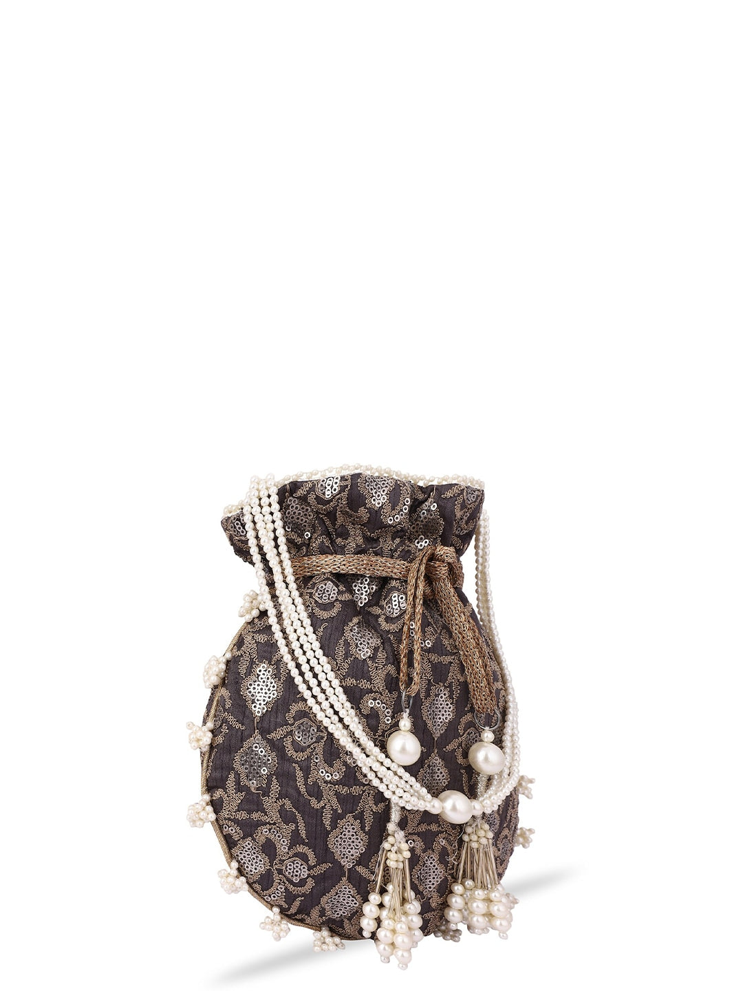 Masq Black & White Pearl & Sequinned Work Embellished Potli Clutch 