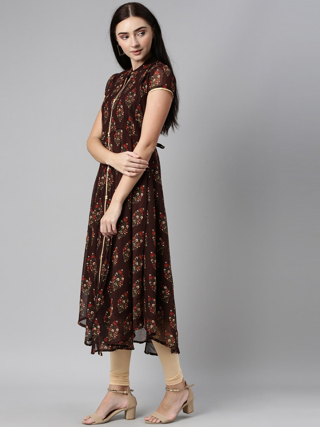 Souchii Women Brown & Red Floral Printed Block Print Kurta 