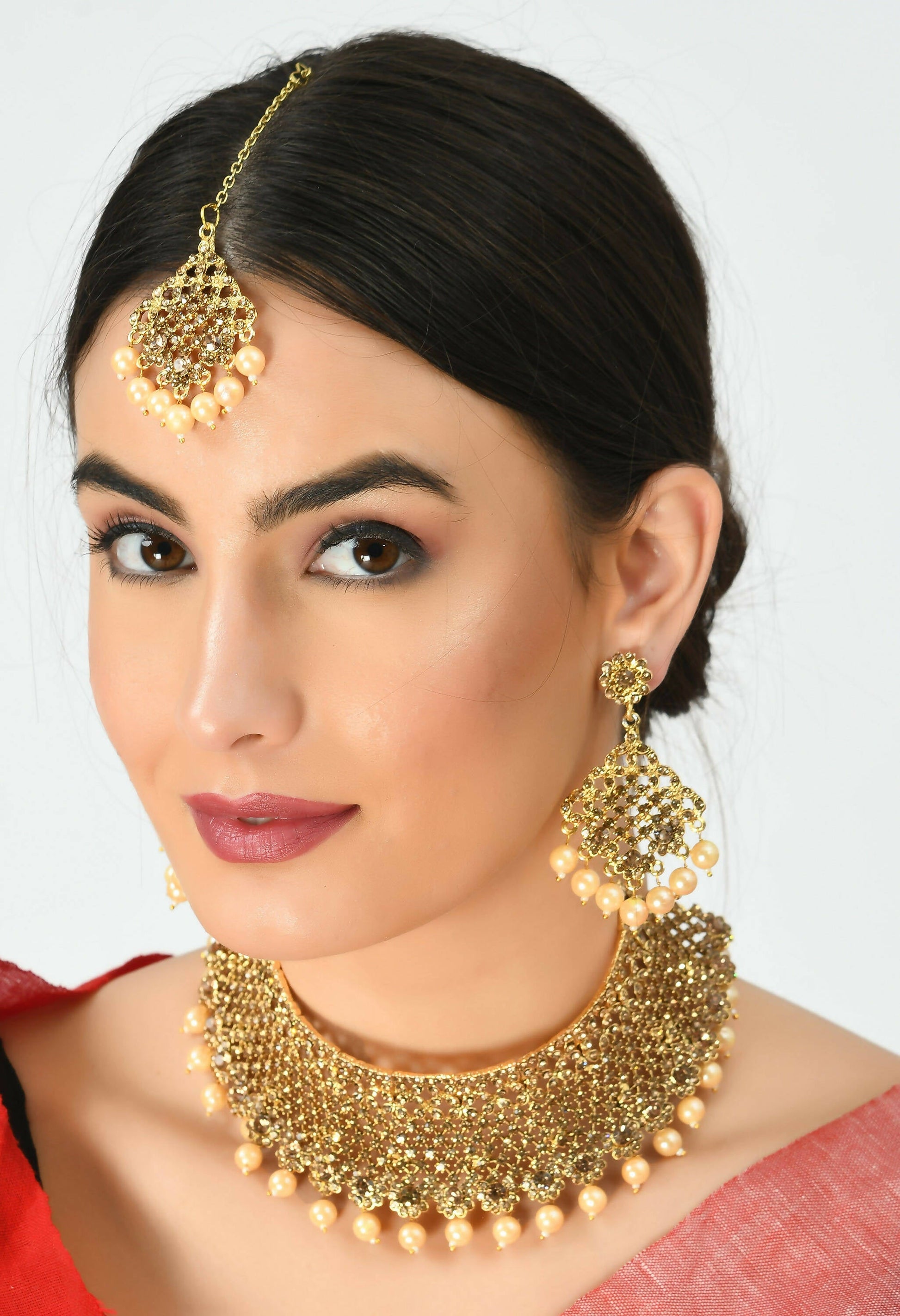 Mominos Fashion Johar Kamal Traditional Rajwadi Design Heavy Golden Color Necklace Set - Grab2buy