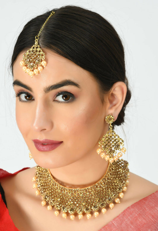Mominos Fashion Johar Kamal Traditional Rajwadi Design Heavy Golden Color Necklace Set - Grab2buy