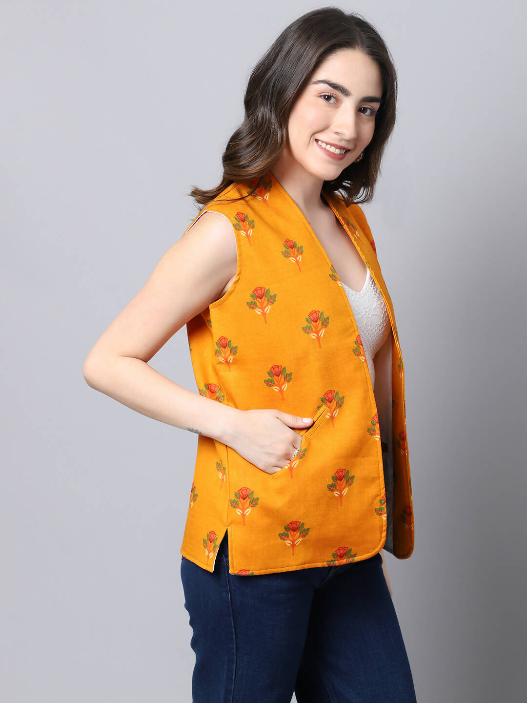 Even Apparels Yellow 100% Viscose Rayon Open Front Gillet (BF009) 