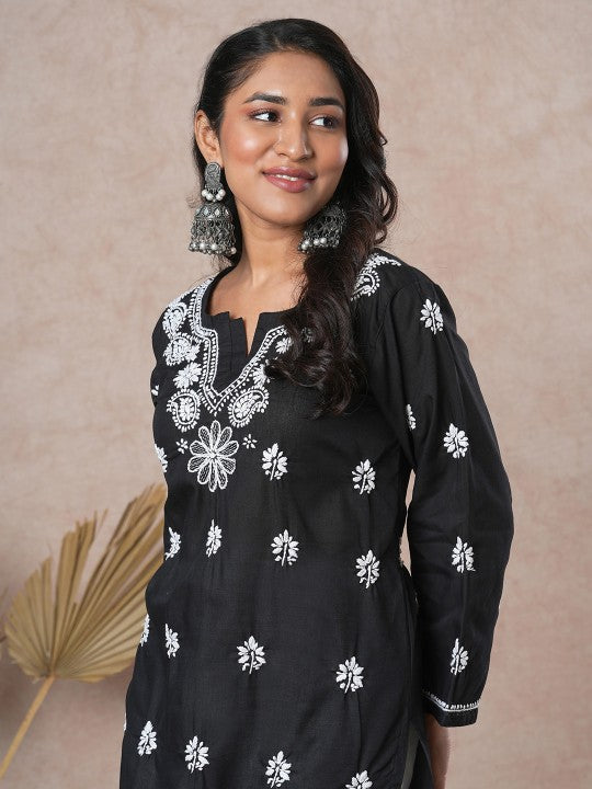 ADA Women Sustainable Black & White Paisley Chikankari Hand Embroidered Straight Kurta 