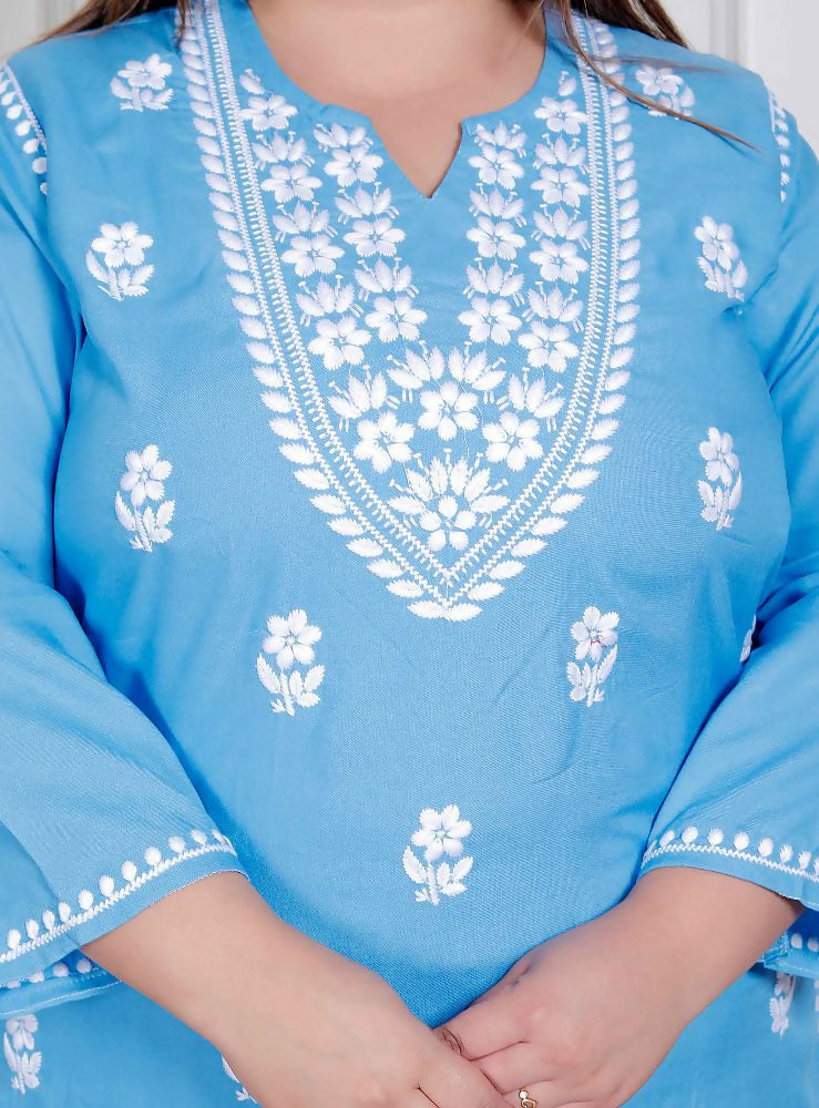 Miravan Womens Plus Size Blue Embroidered Kurta With Palazzo