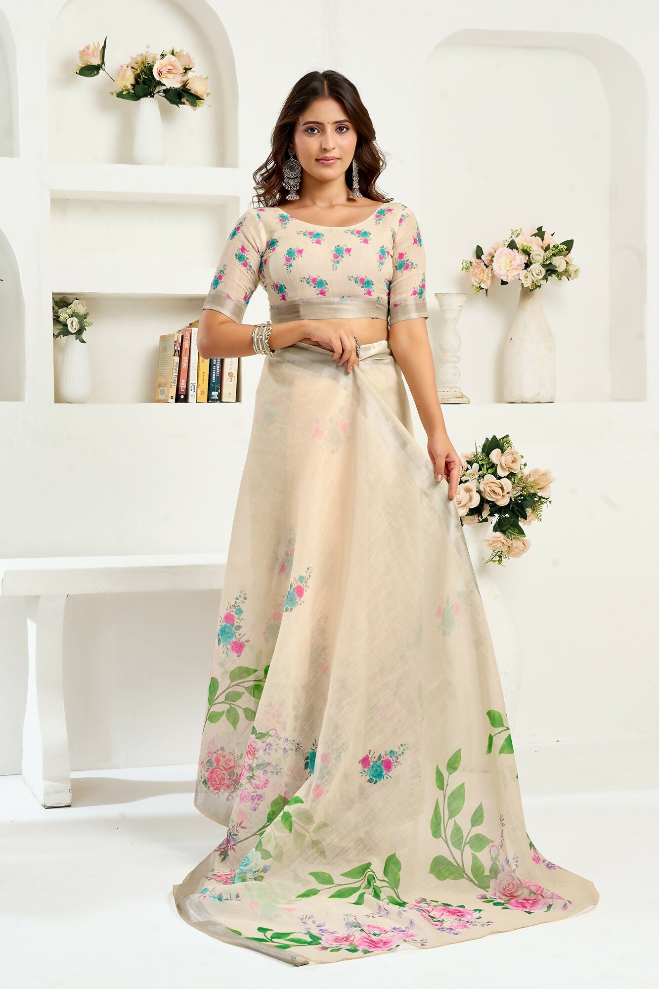 Vastranavya Cream Digital Printed Linen Ready To Wear Designer Grab2Buy with Unstitched Blouse  Grab2Buy Vastranavya Grab2Buy