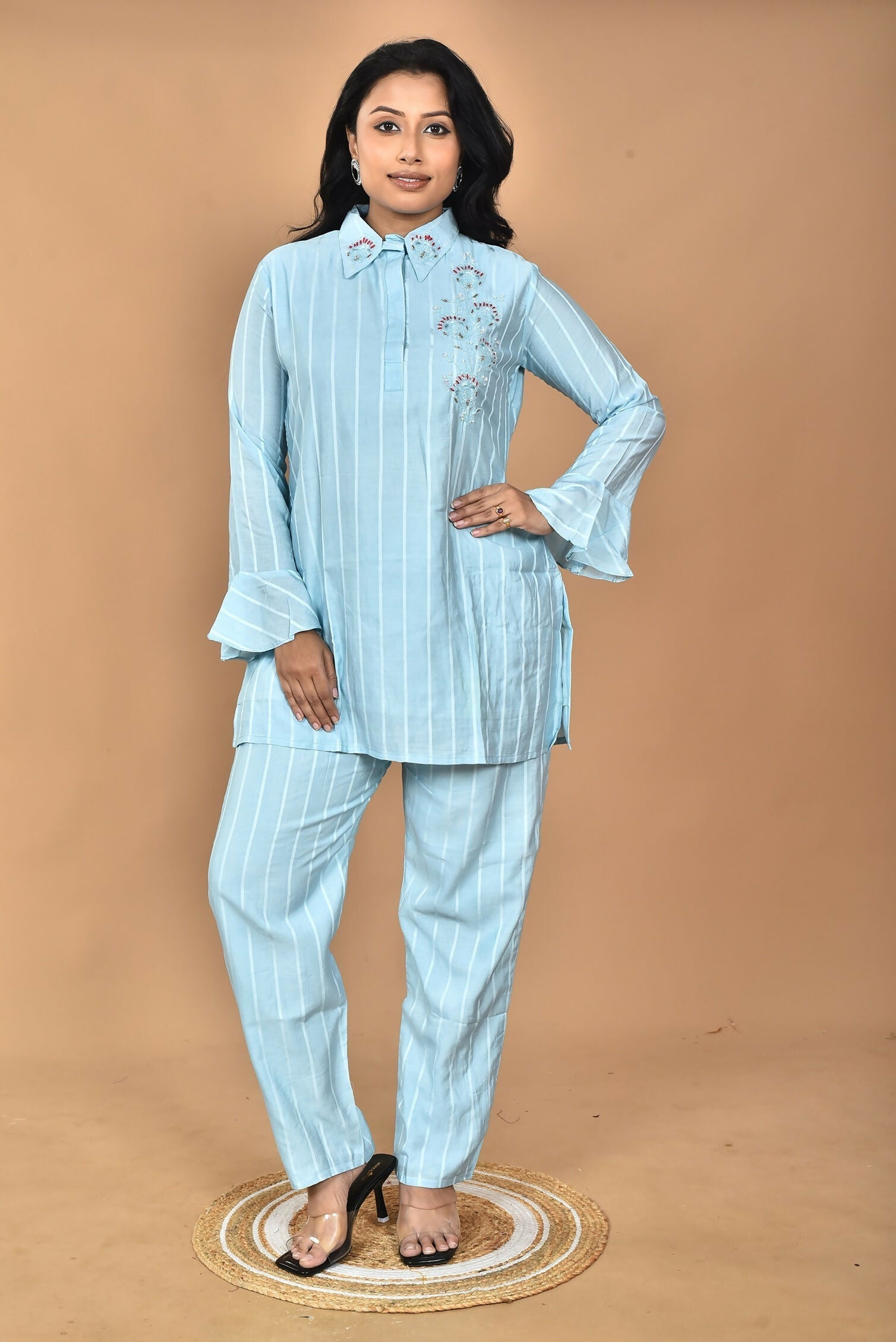 Morchari Women And Hand Embroidery Co-Ords-Sky Blue 