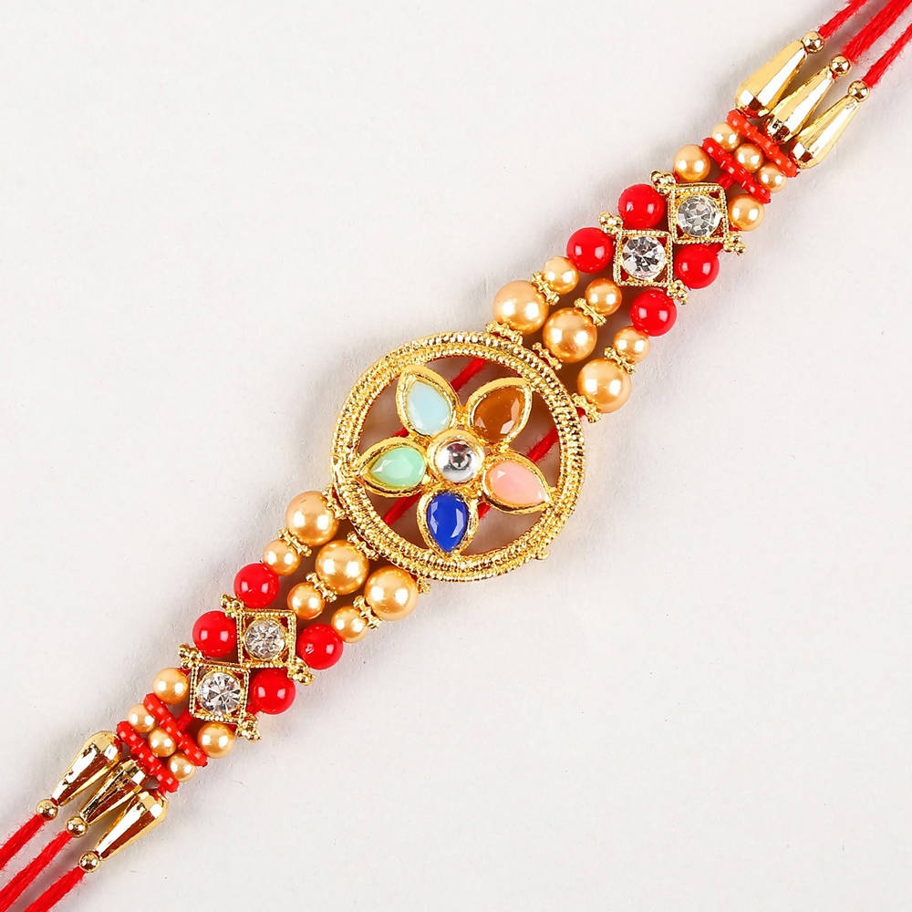Flower Design Kundan Rakhi And Almonds Jar