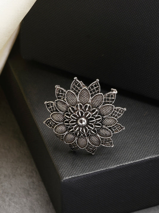 NVR Women's Silver-Toned Floral Shape Adjustable Finger Ring 