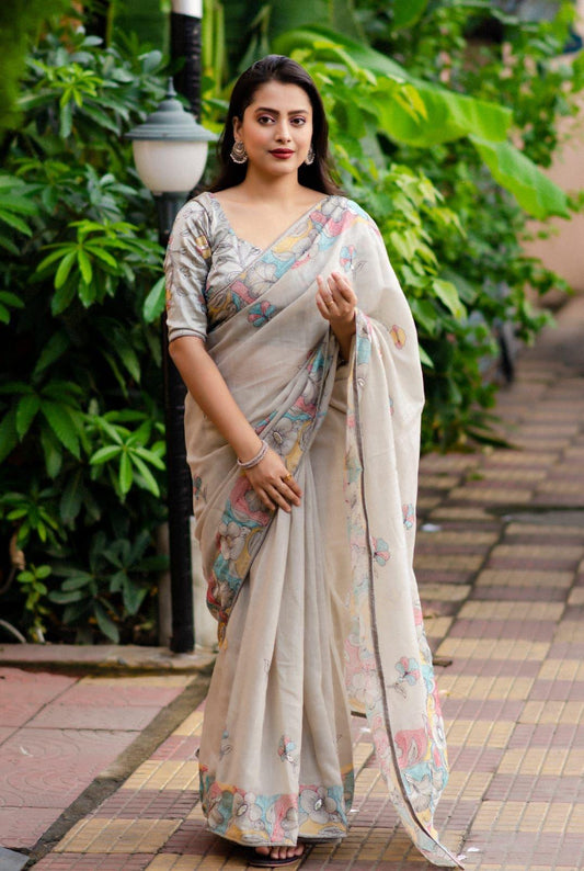 Grey Pure Linen Ethnic Motifs Saree with Unstitched Blouse - A2M