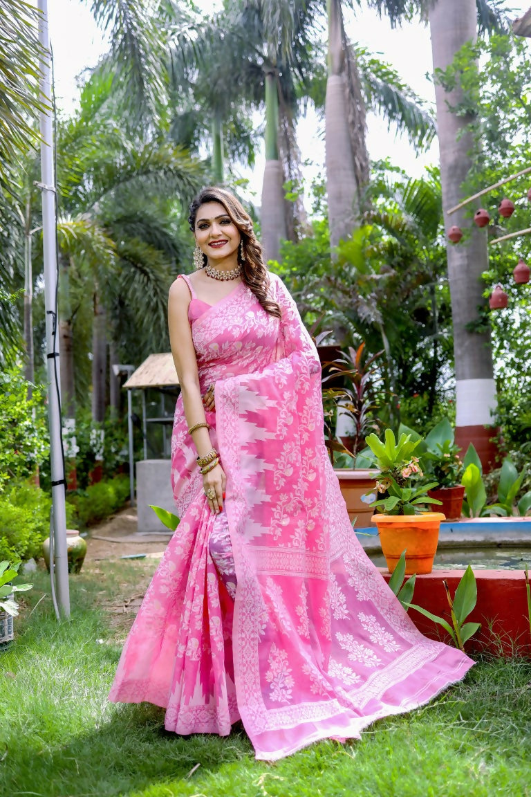 Partywear Designer Pink Jamdani contton Fancy Saree - Starwalk