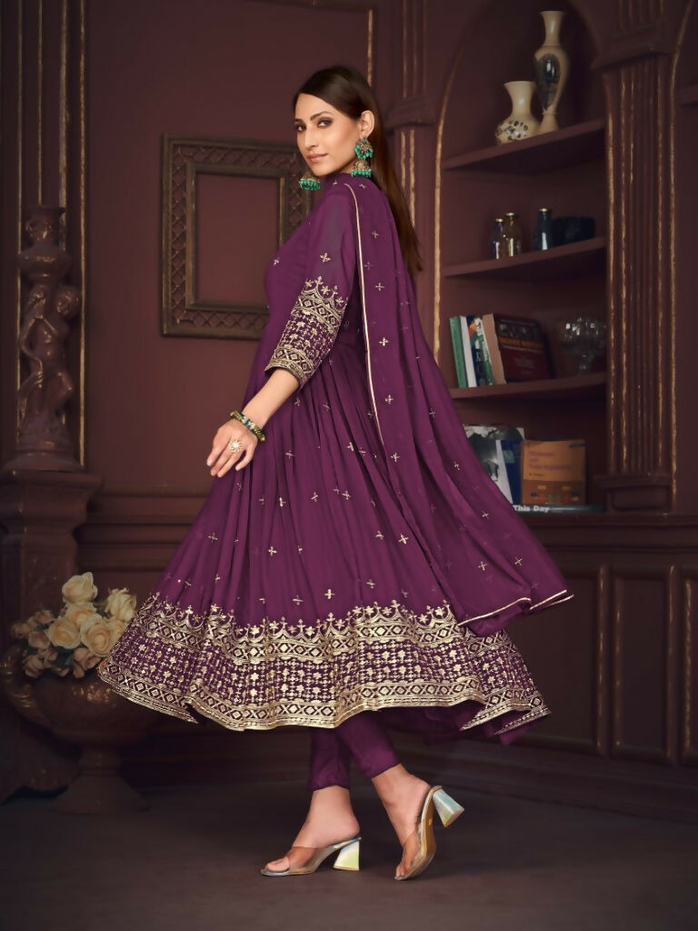 Jyoti Fashion Women's Purple Georgette Embroidered Anarkali Kurta Pant Set With Dupatta