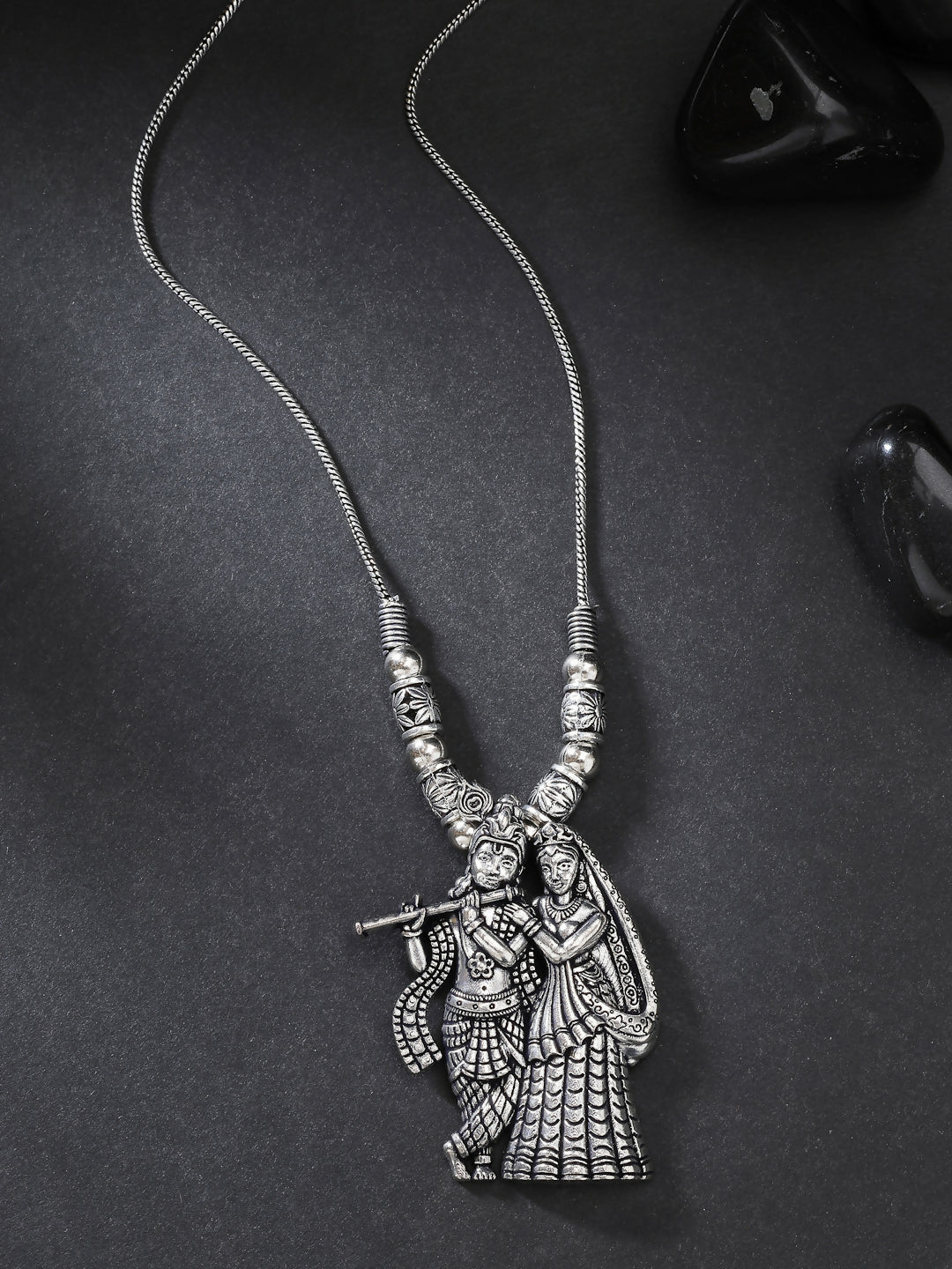 NVR Women's Silver-Toned Radha Krishna Pendant with Chain 