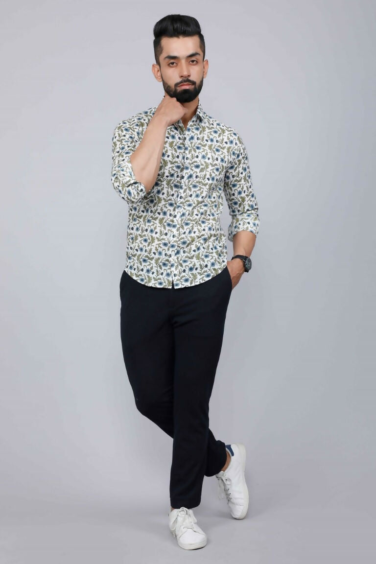 Miravan Men's White & Blue Floral Print Cotton Regular Fit Shirt 