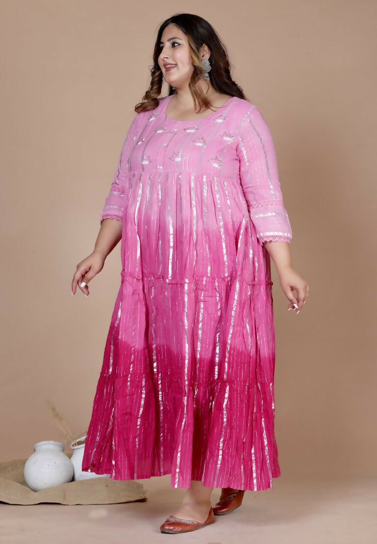 Miravan Women's Plus Size Cotton Embroidery And Lace Work Pink Party Wear Anarkali Kurta