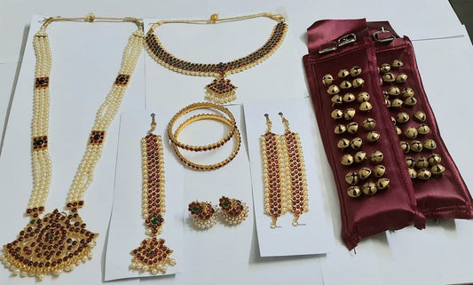 Elite Trading Bharatnatyam Jewelry Set with 3 line Box haram and 3 line Satin Ghungroo Elite Trade