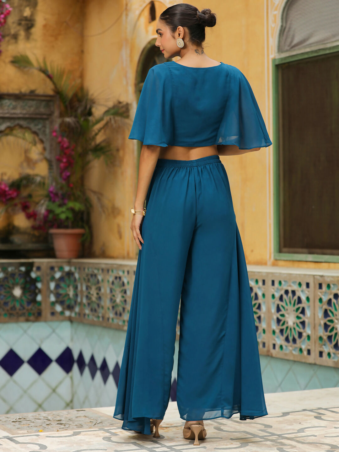 Janasya Teal Blue Georgette Yoke Embroidery Co-Ords 