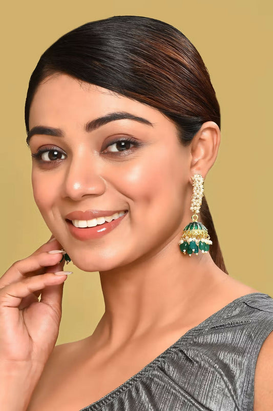 Joban Fashion Women Kundan Pearl Golden White Green Earrings 