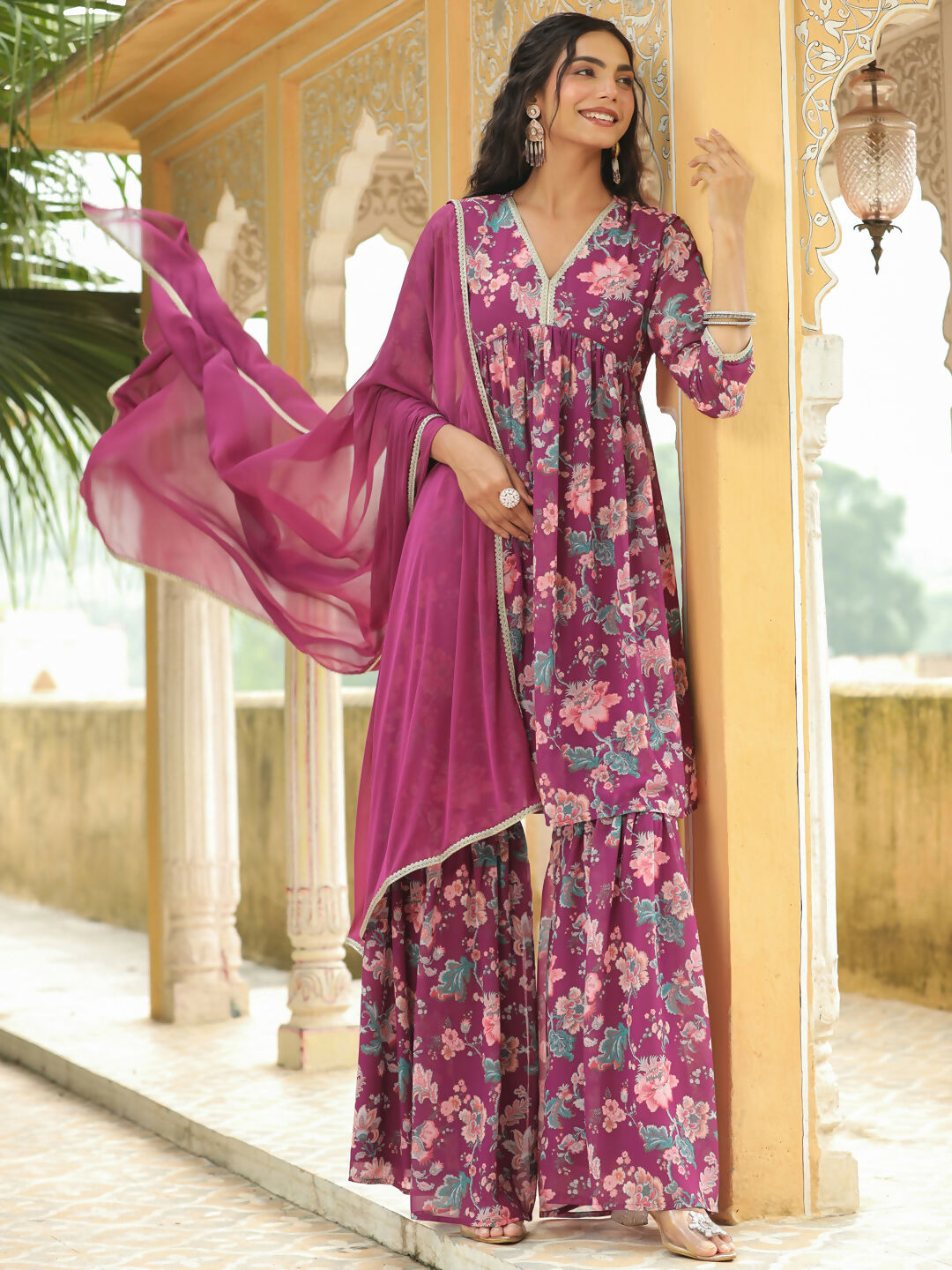 Janasya Purple Georgette Floral Kurta,Bottom & Dupatta 