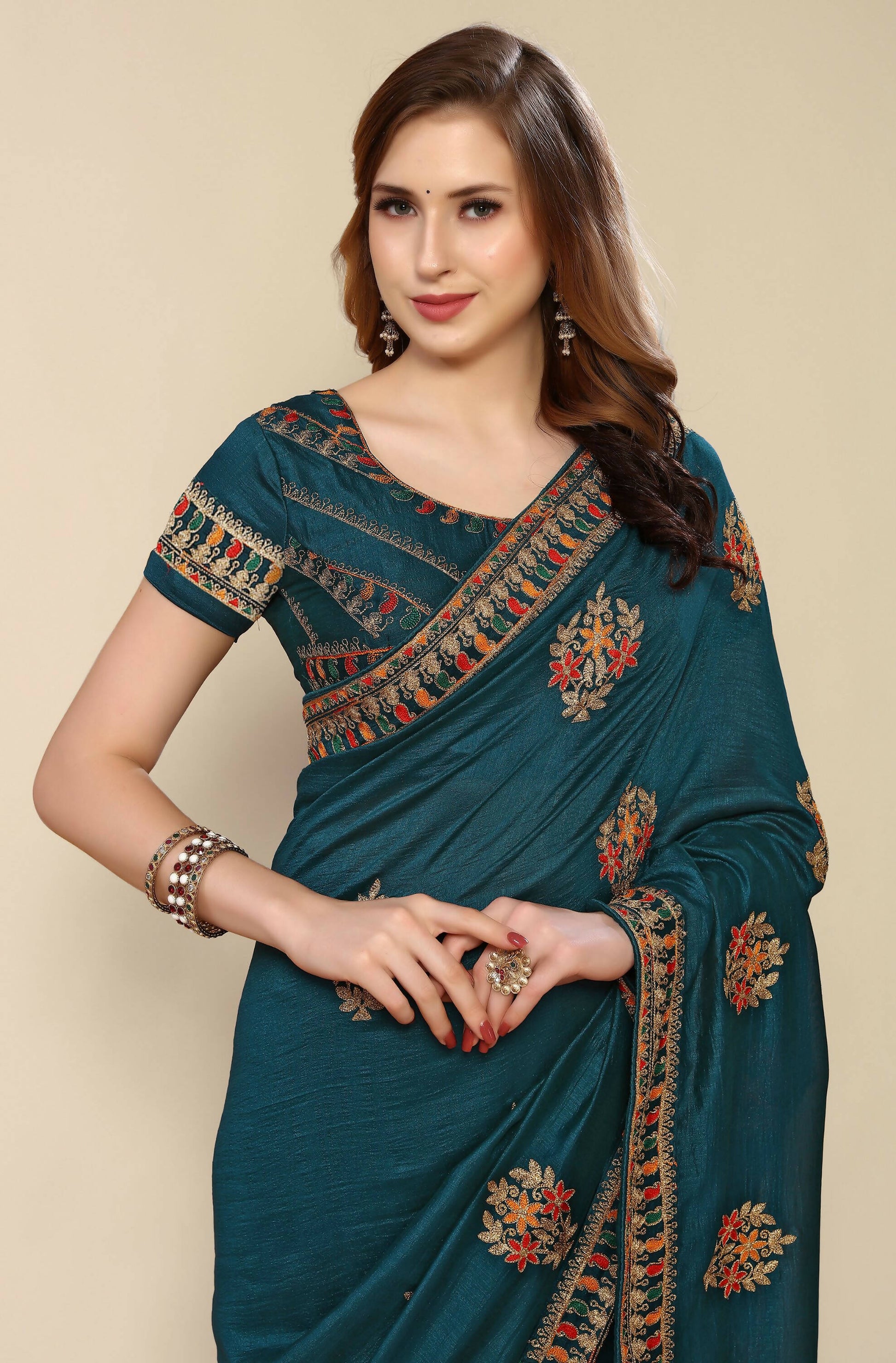 Teal Chinon Embroidered Saree with Unstitched Blouse Piece - Roozal