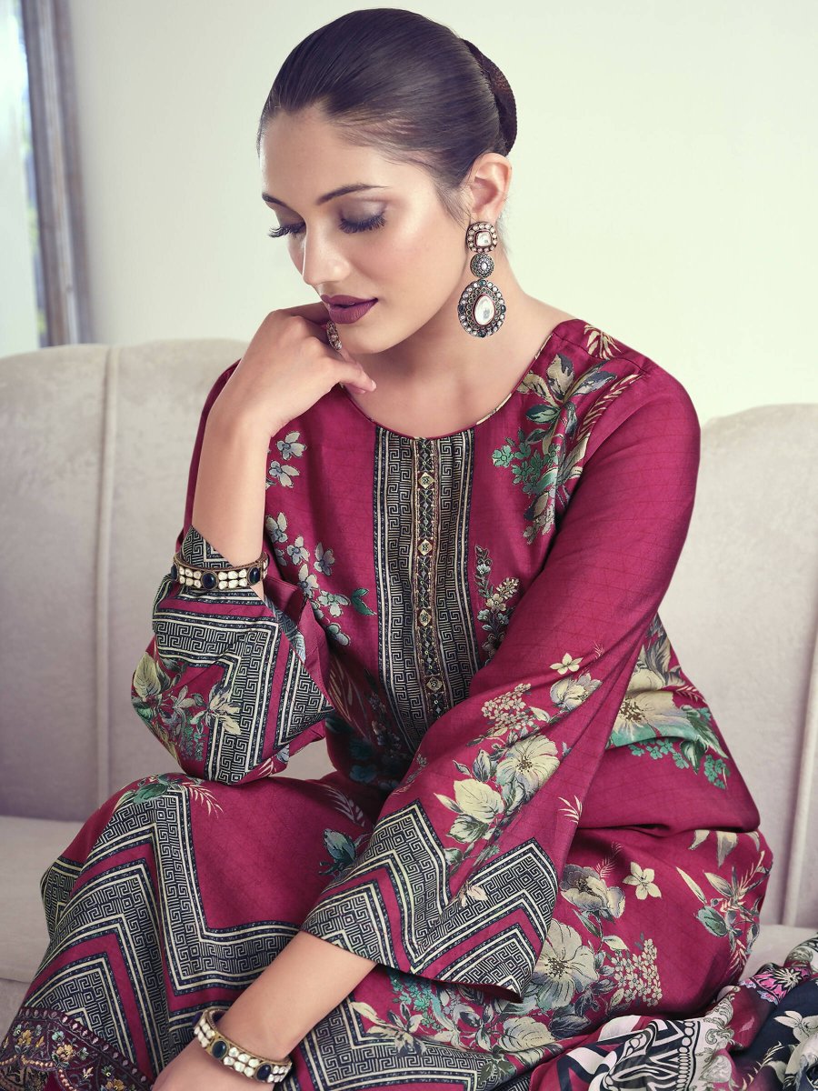 Aastha Fashion Women's Magenta Muslin Floral Digital Print with Resham Thread work Kurta with Trouser & Dupatta - Grab2buy