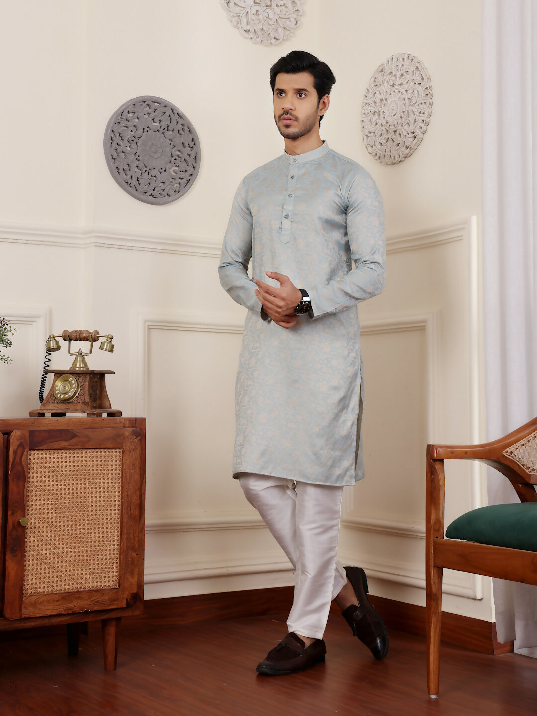 Light Blue Viscose Wevon Designer Men's Rajwadi Kurta Set - Mahotsav