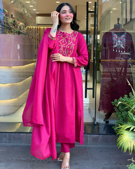 The52 Pink Women's Gorgeous Chanderi Fabric Embroidered Work Straight Kurta Pant and Dupatta Set | Grab2Buy