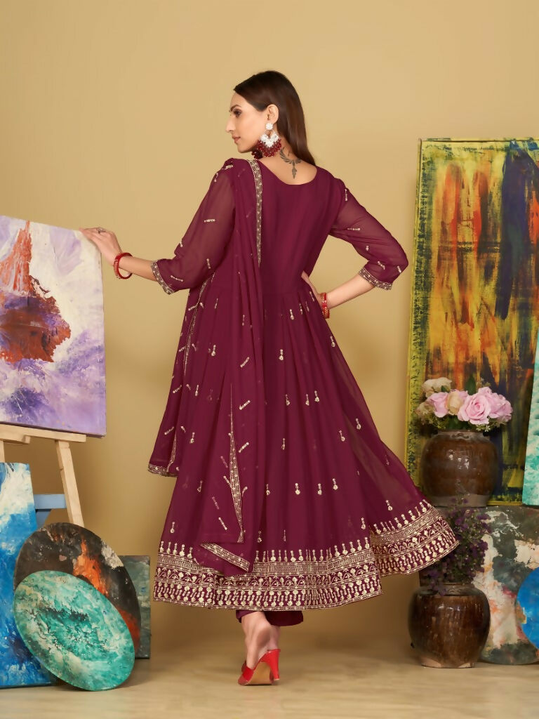 Jyoti Fashion Women's Rani Pink Georgette Embroidered Anarkali Kurta Pant Set With Dupatta