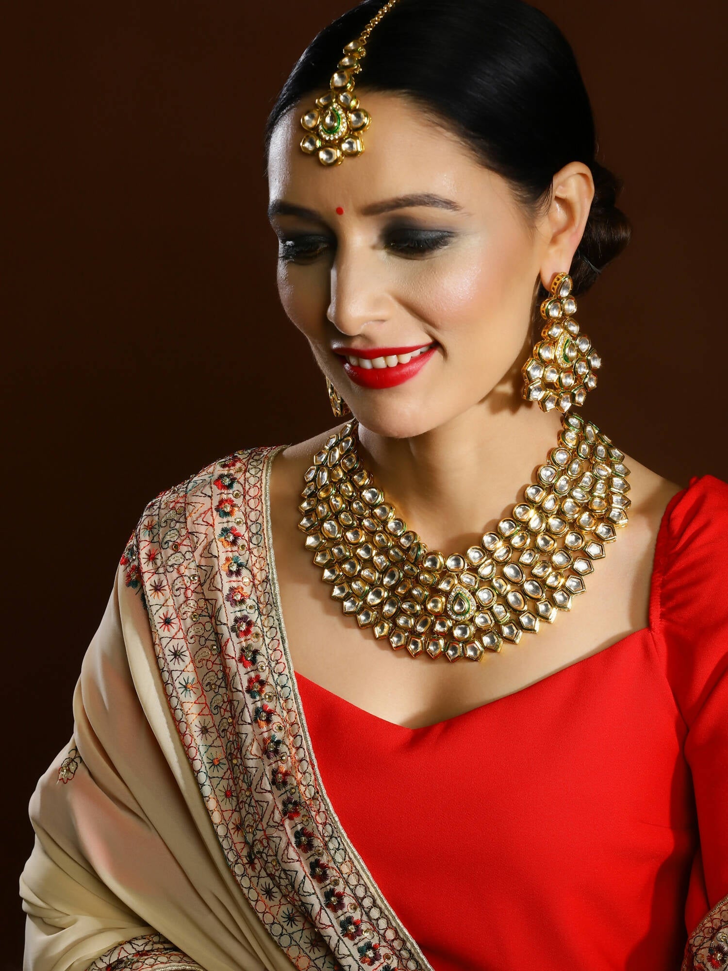 Gold Plated Maharani Kundan Neckpiece With Earrings And Maang Tikka - Ruby Raang - Grab2buy