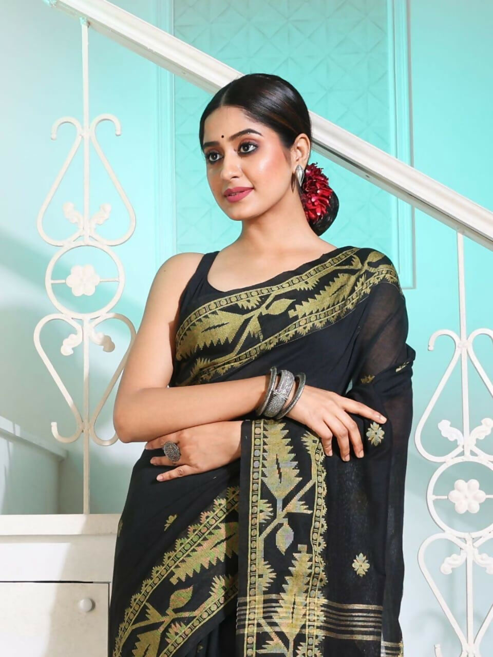 Exclusive Collection Beautiful Black Pure Cotton Woven Handloom Grab2Buy With Running Blouse Piece 