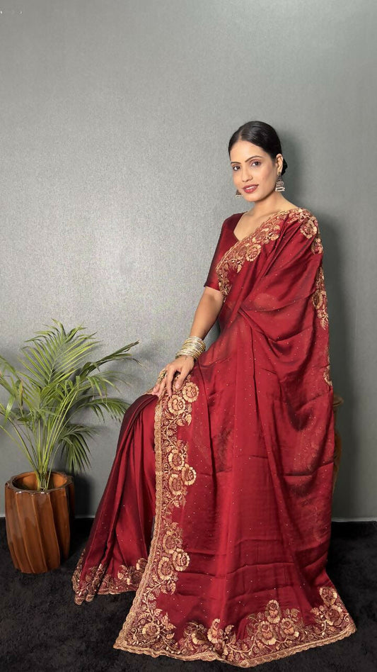 Vastranavya Maroon Rangoli Silk Zari work with DMC Swarovski work Ready to Wear Saree