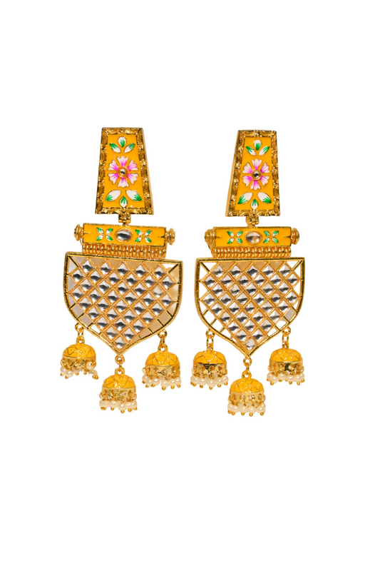 Traditional Gold-Plated Meenakari Yellow Jhumka Jhumki Earrings By House of Ree - Grab2buy