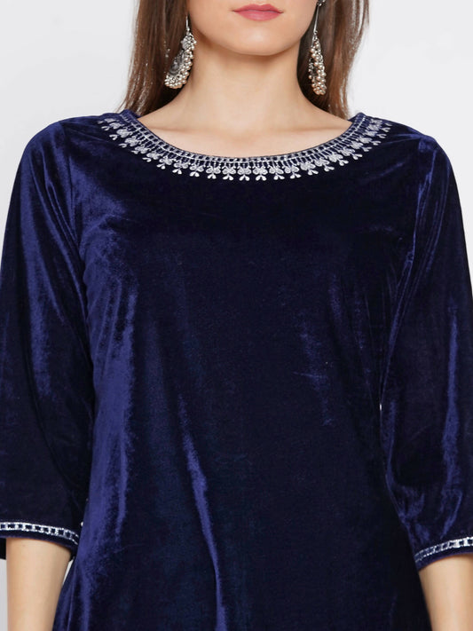 Women Republic Navy Blue Velvet Embroidered Kurta With Bellbottom Pants - Grab2buy