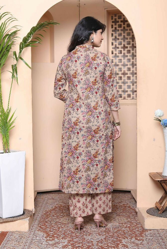 Miravan Womens Multicolor Floral Printed Pure Cotton Kurta And Palazzo With Dupatta Set