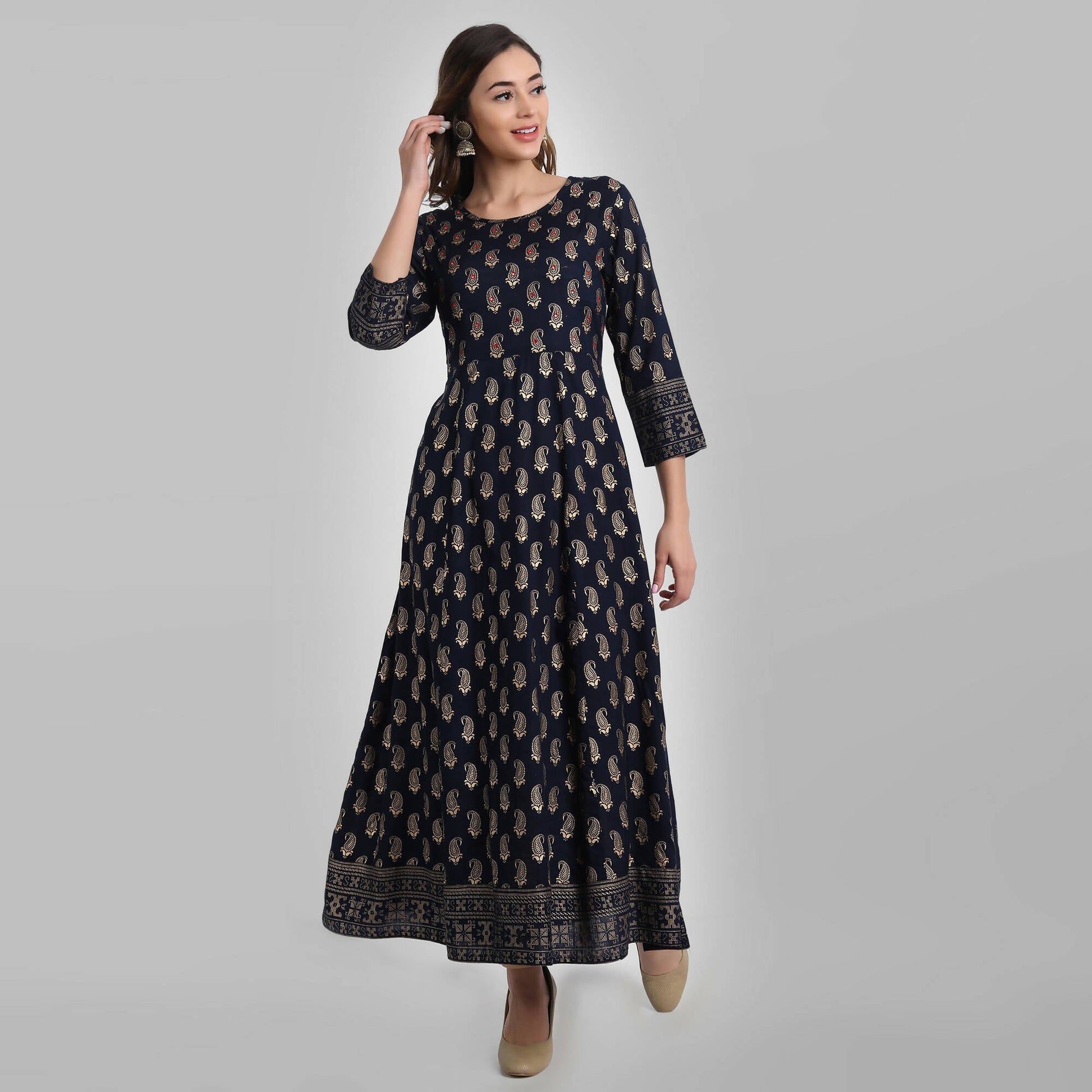 Juniper Women's Navy Rayon Printed Flared Dress