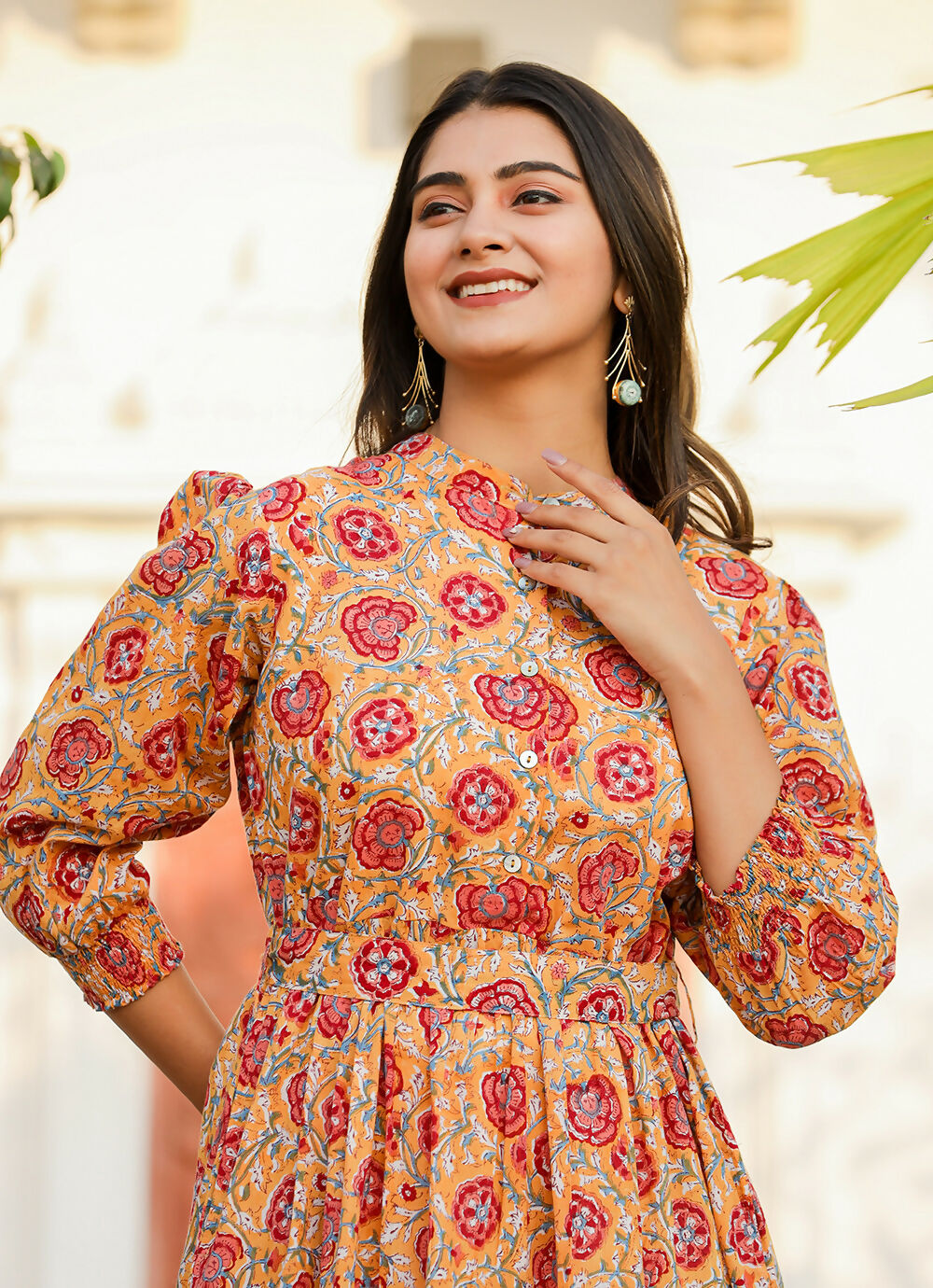 Kaajh Women's Yellow-Red Floral Hand Block Print Cotton Dress
