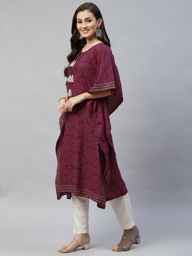 Miravan Women's Floral Printed Cotton Kaftan Kurta In Magenta