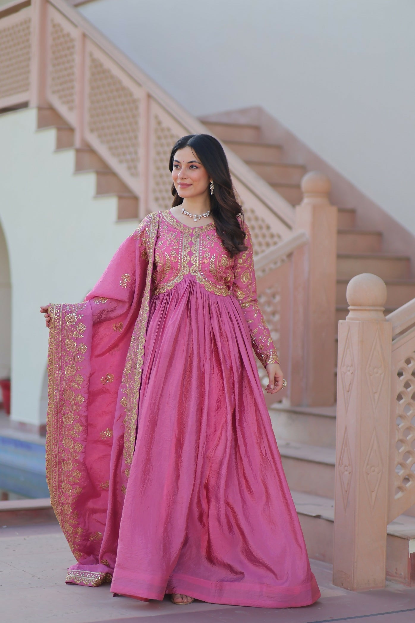 Joban Fashion Pink Crush Sequence Embroidery Work Kurta Set